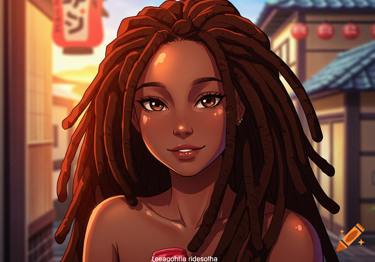Anime portrait of a Black woman with locs smiling in a Japanese street at sunset