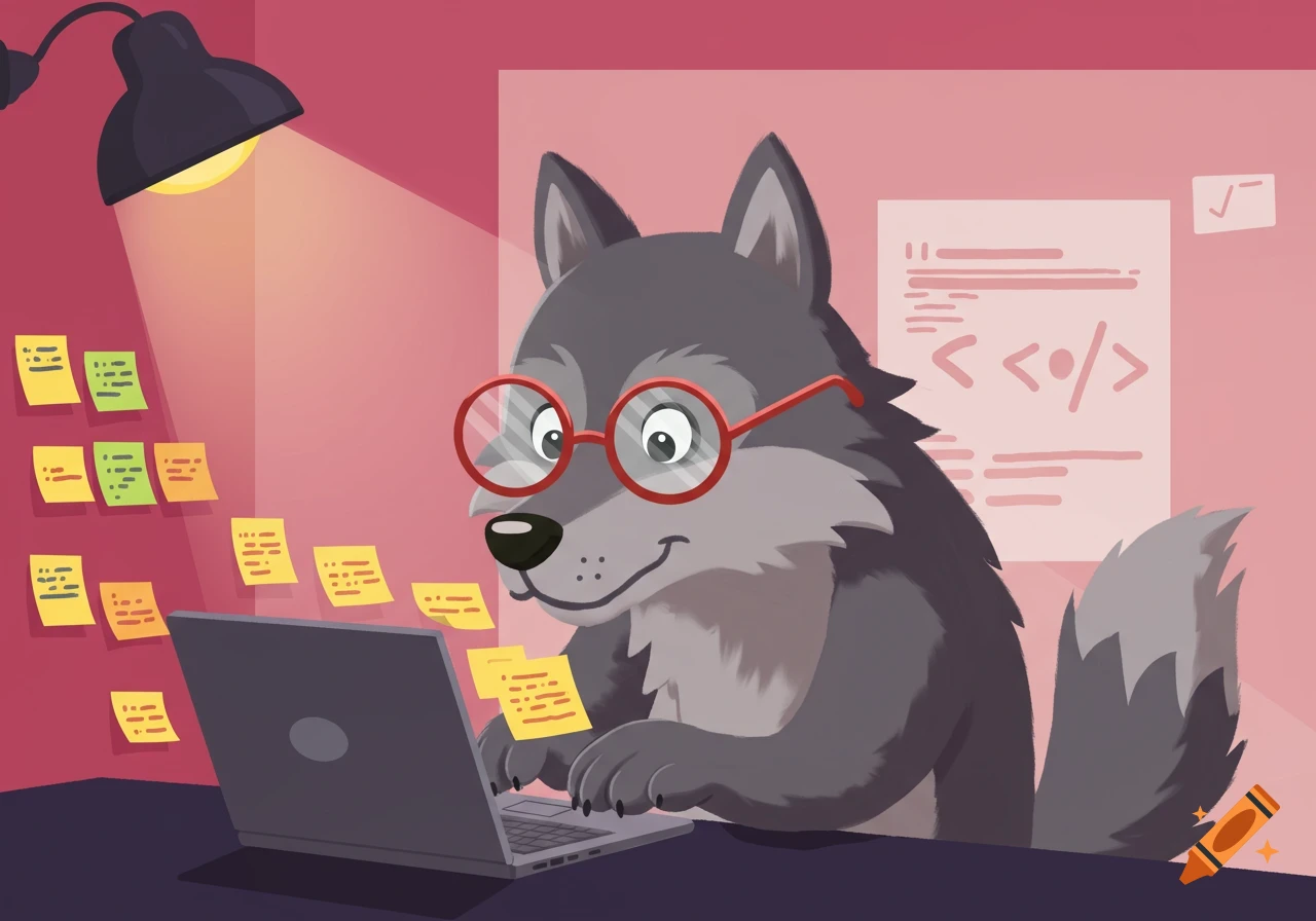 Cartoon gray wolf wearing glasses and typing on a laptop, surrounded by sticky notes.