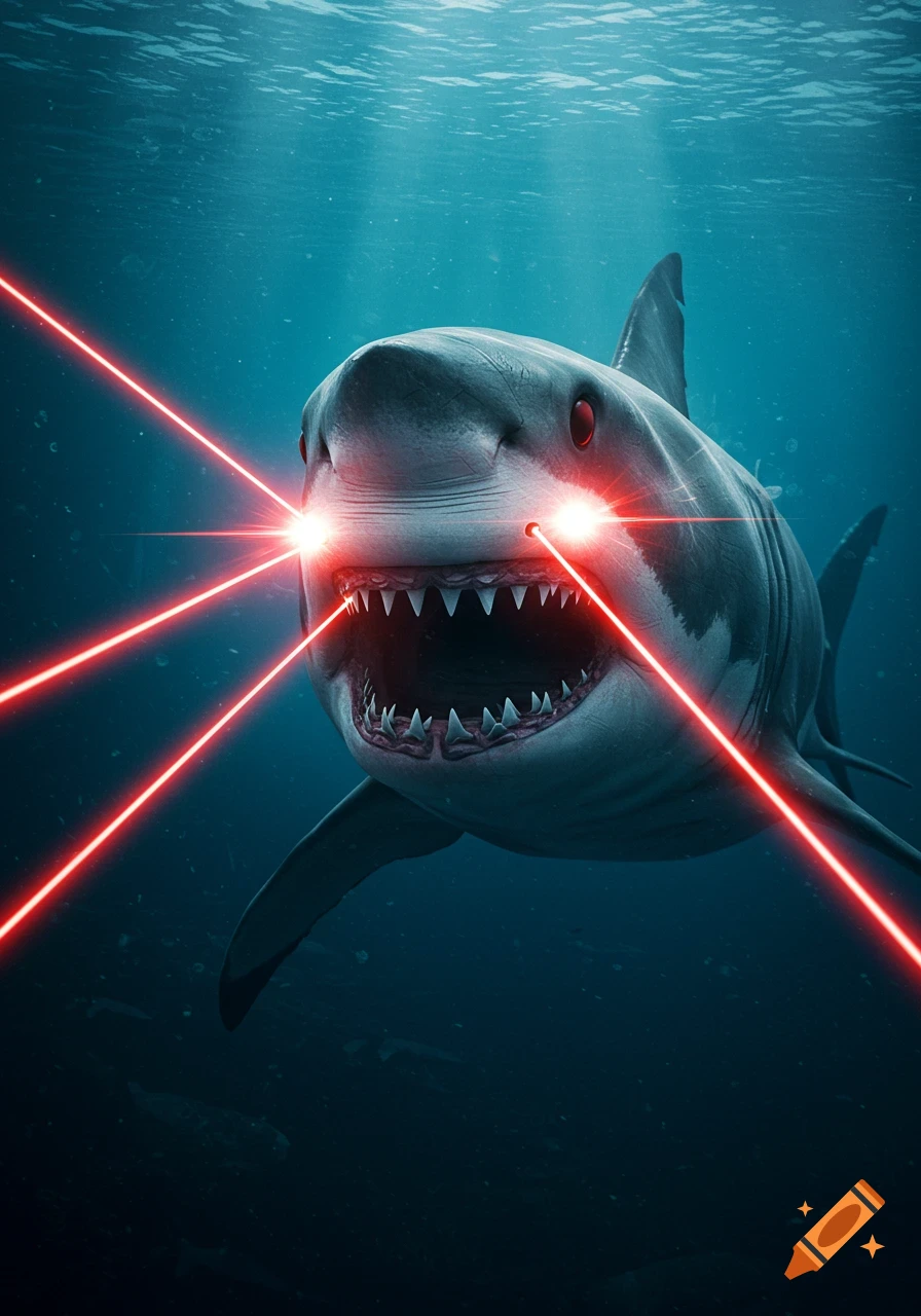 An angry shark underwater with red laser beams shooting from its eyes