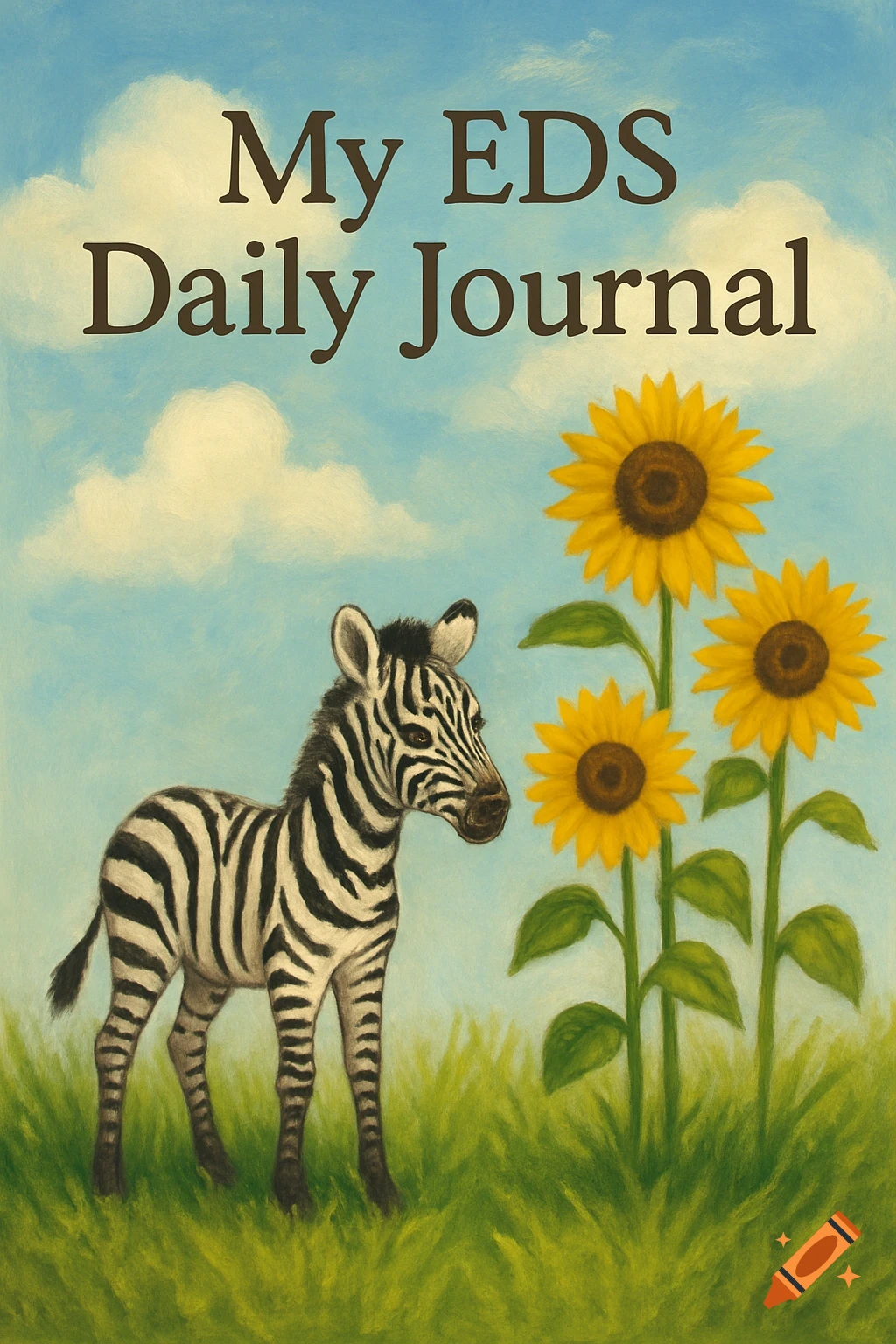 Painting of a baby zebra and sunflowers with journal text, against a sky background.