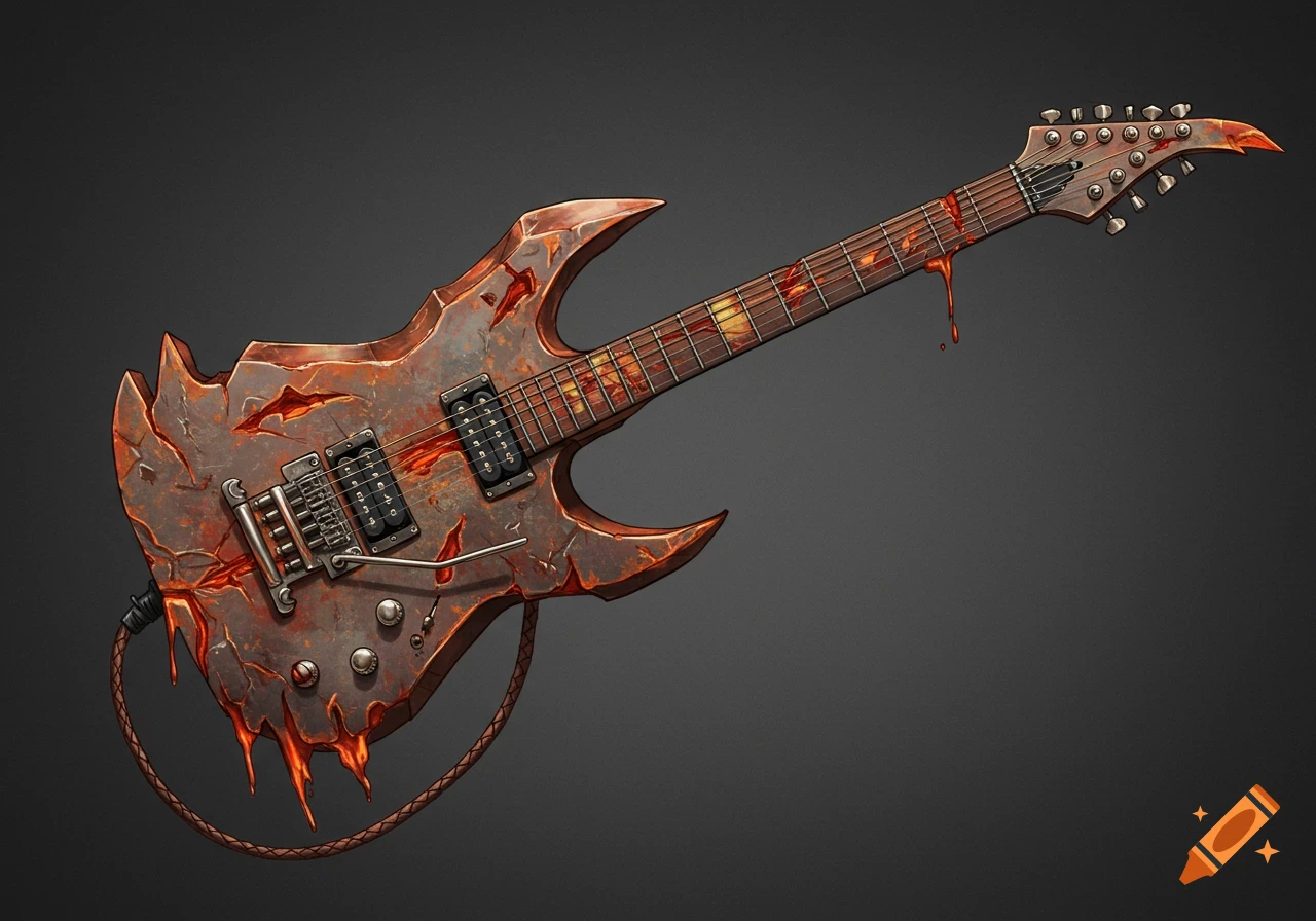 A stylized electric guitar with a rusted, cracked texture, glowing orange embers, and jagged edges, like a weapon.