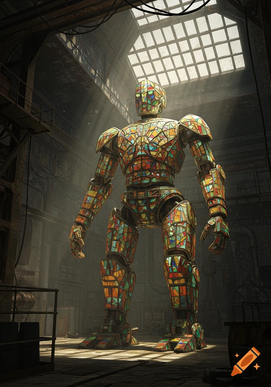 A large robot made of stained glass stands in a vast, dimly lit industrial factory.