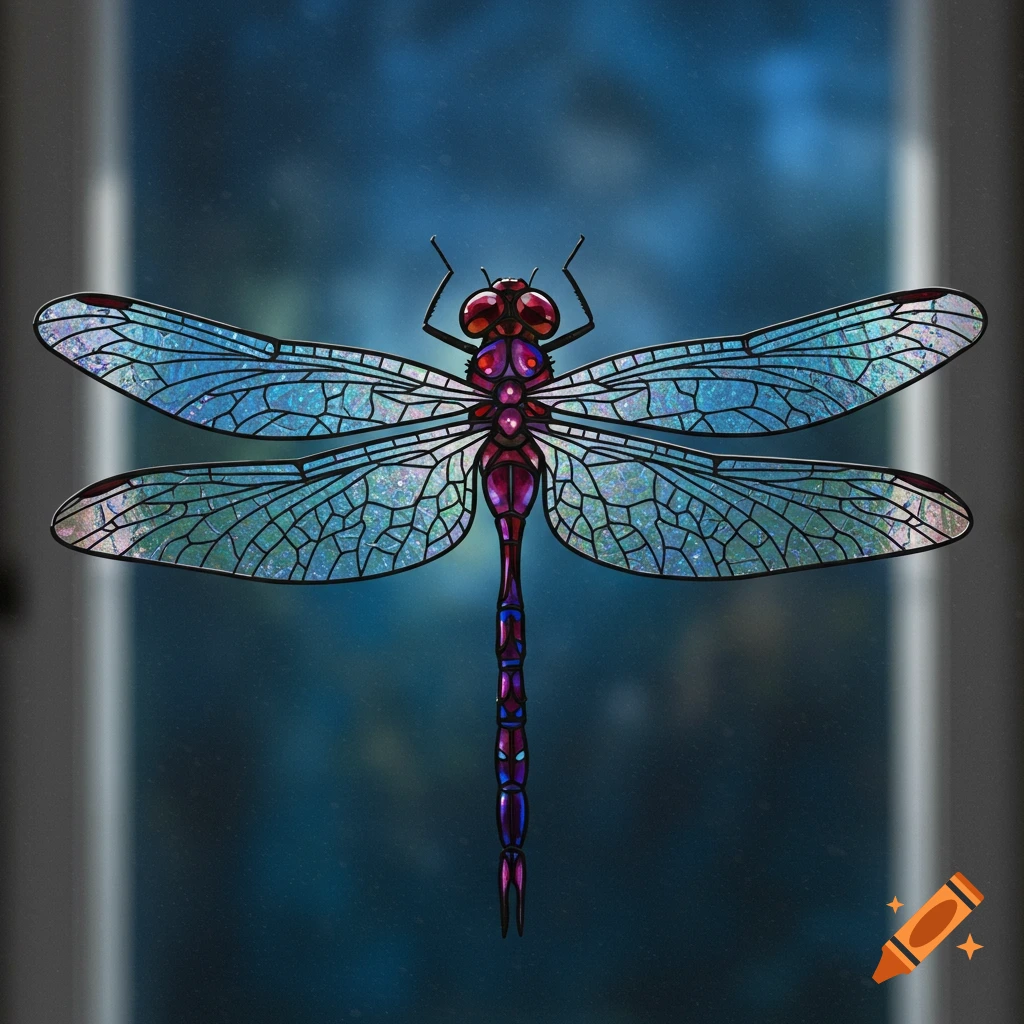 A vibrant stained glass dragonfly clings to a window pane.