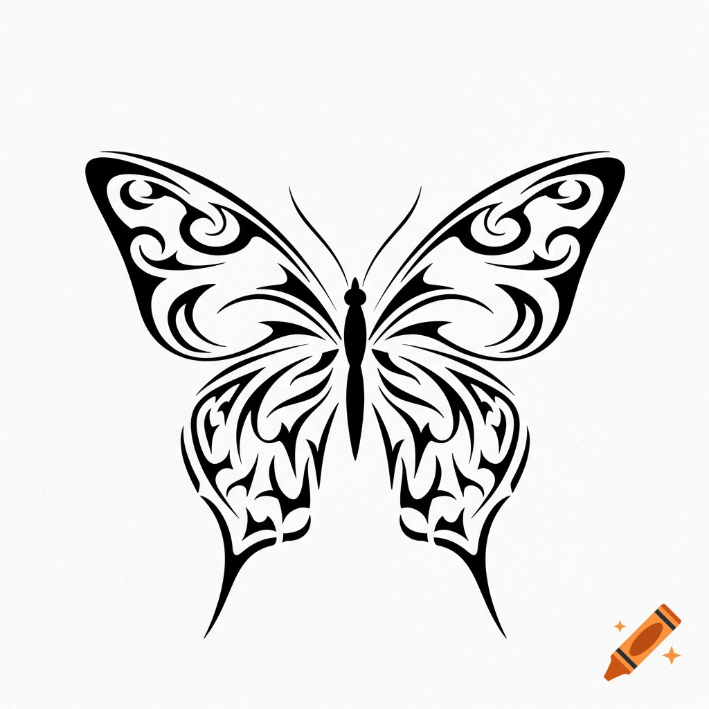 Black tribal-style butterfly design on a white background.