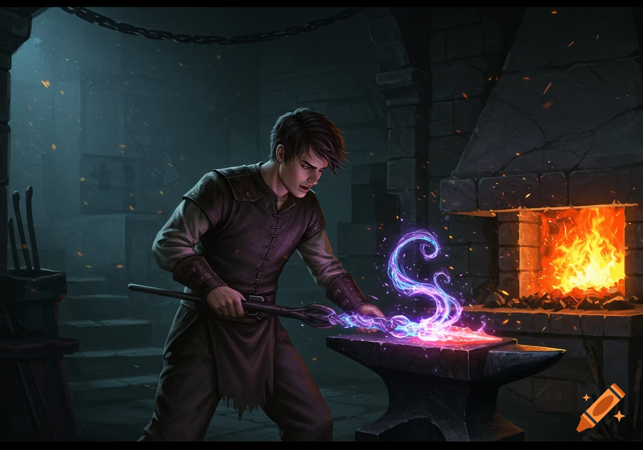 A man forges a glowing magical symbol on an anvil in a dark fantasy forge.