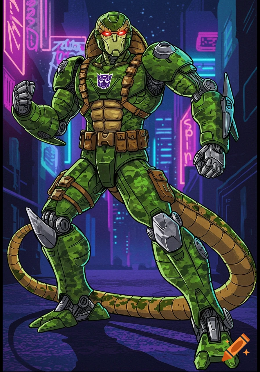 A green camouflage robot character with red eyes and a tail stands in a cyberpunk city with neon signs, in a comic art style.