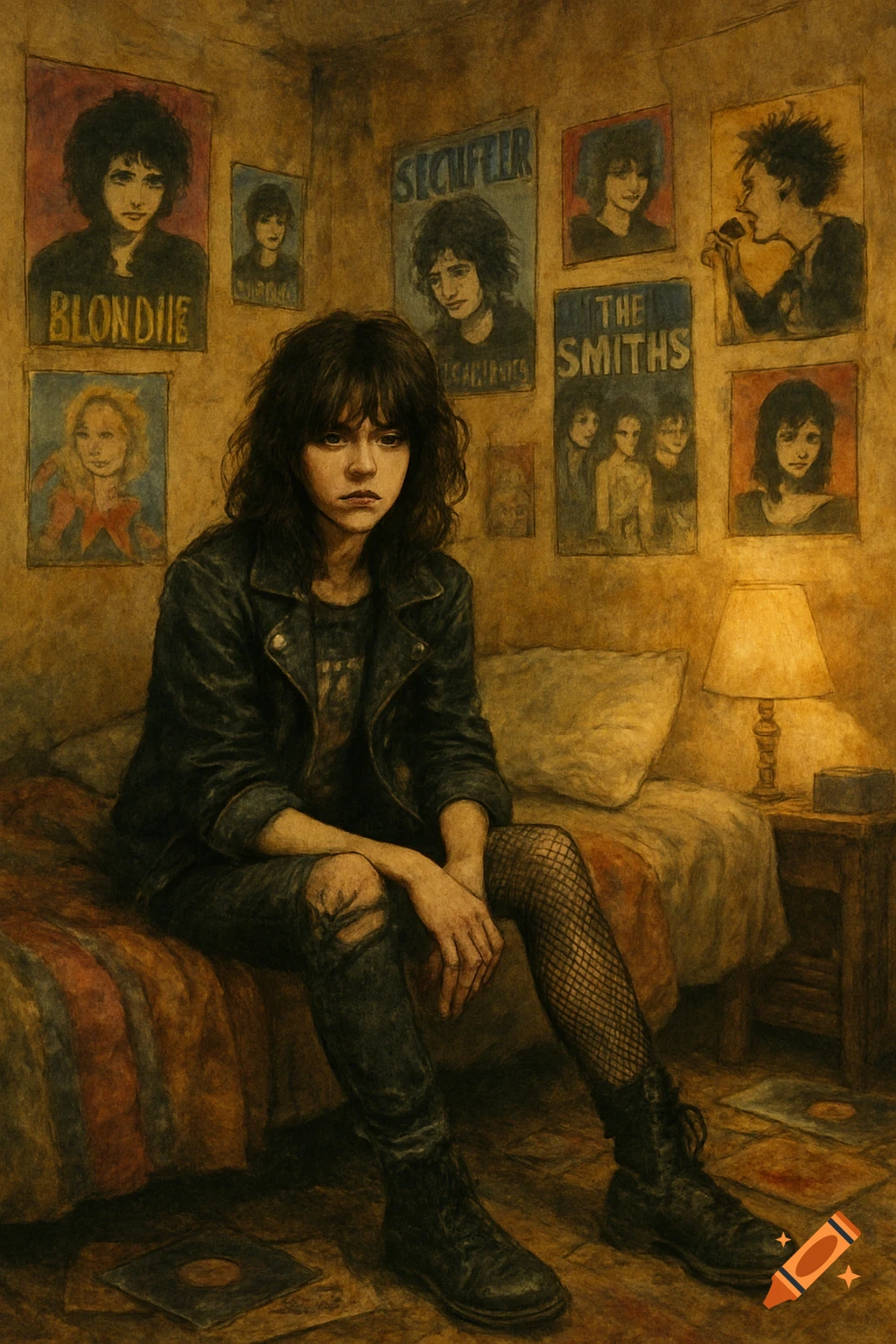 A young person in grunge attire sits on a bed in an 80s bedroom with band posters, in a painted style.