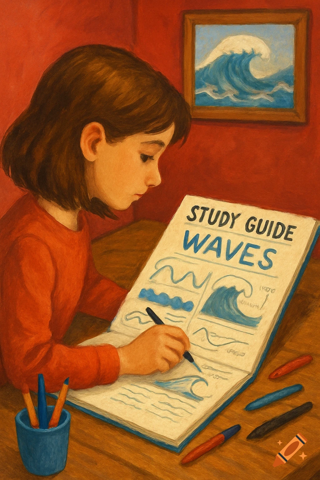 A girl studies a book titled "Study Guide Waves" at a desk, with a wave painting on the wall. Painterly style.