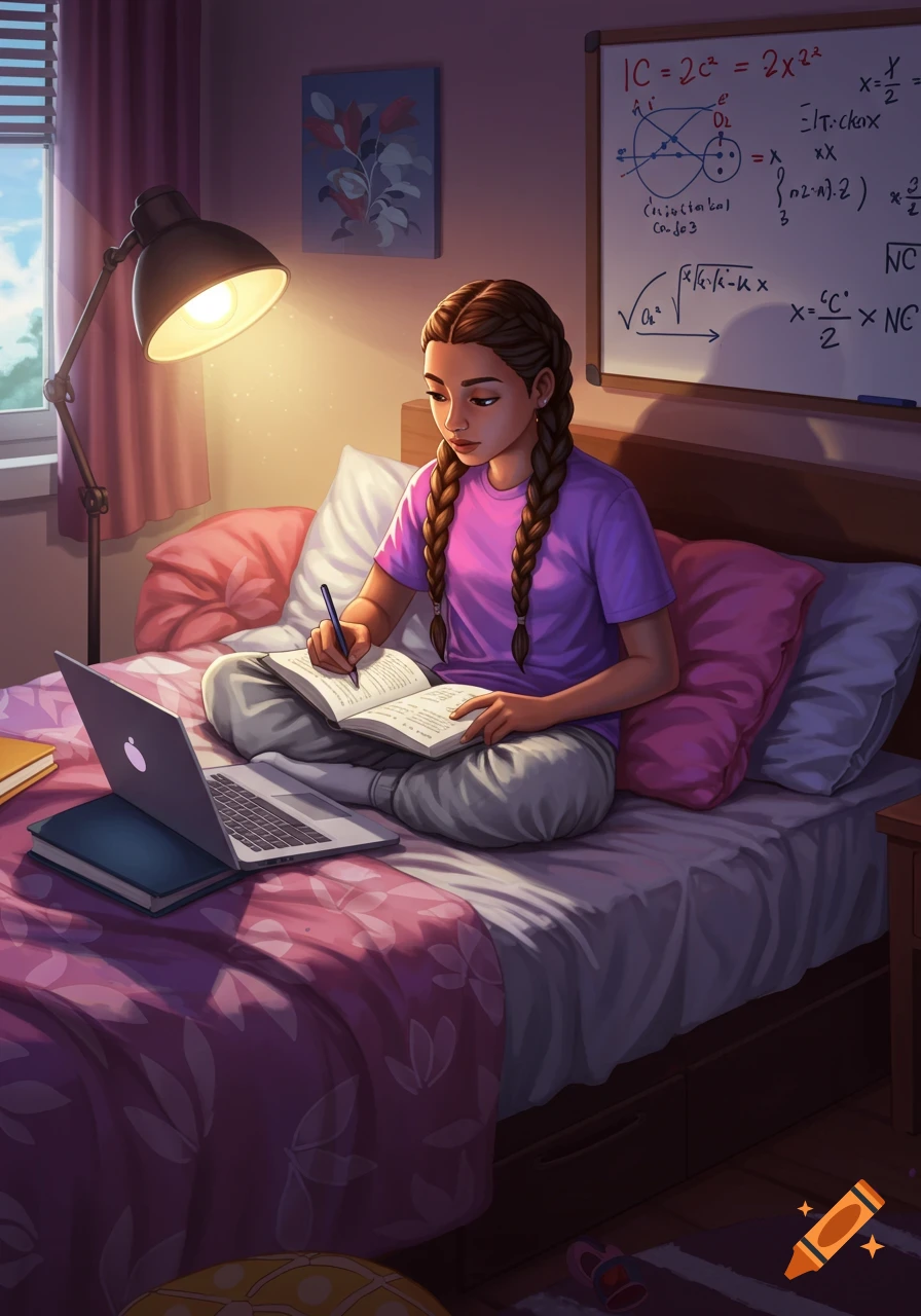 A young girl with braids studies on a bed in her bedroom with a laptop, book, and whiteboard.