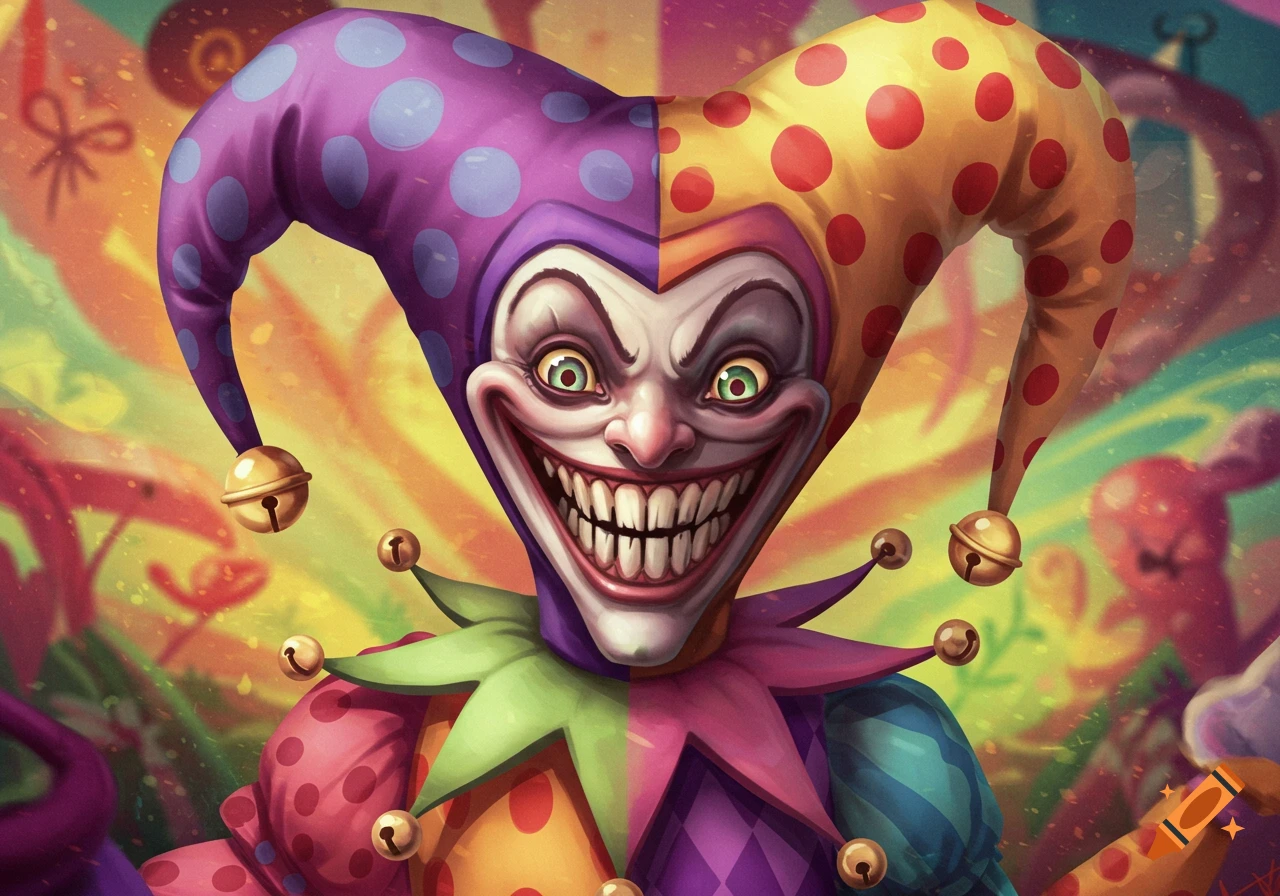 A creepy jester with a wide grin and colorful hat looks intensely forward.