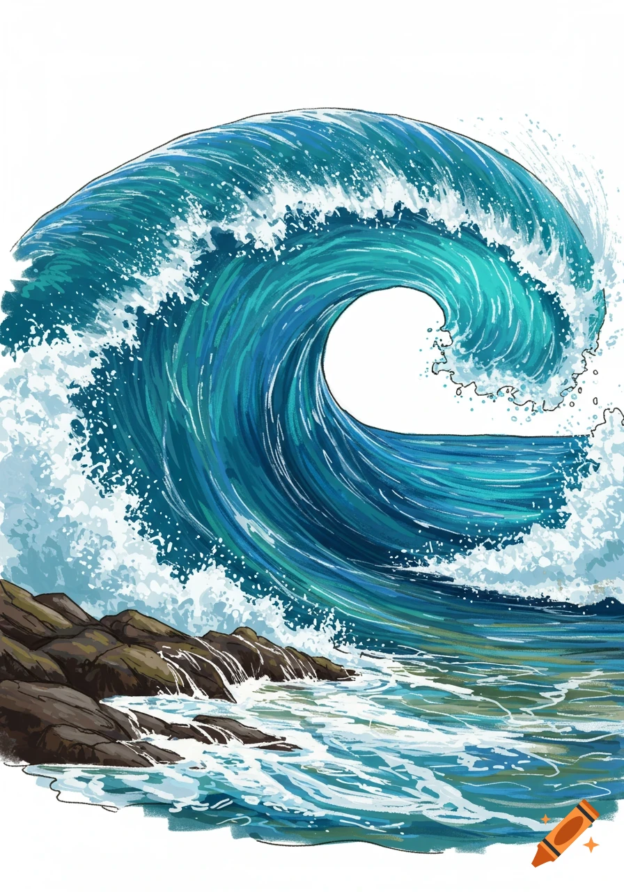 Drawing of a large blue wave curling near rocks