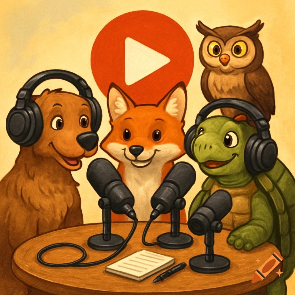 Cartoon animals podcasting with microphones and headphones around a table, with a play button icon.