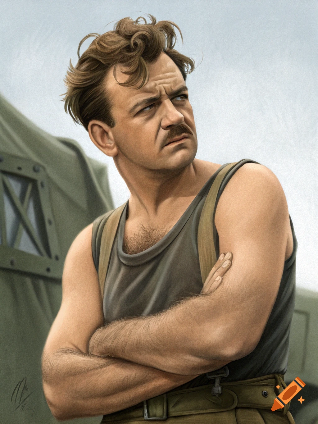 Portrait of a man with a mustache and sleeveless shirt, arms crossed