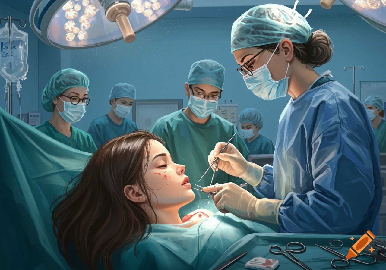 Illustrative image of a girl on an operating table during surgery, surrounded by surgeons.