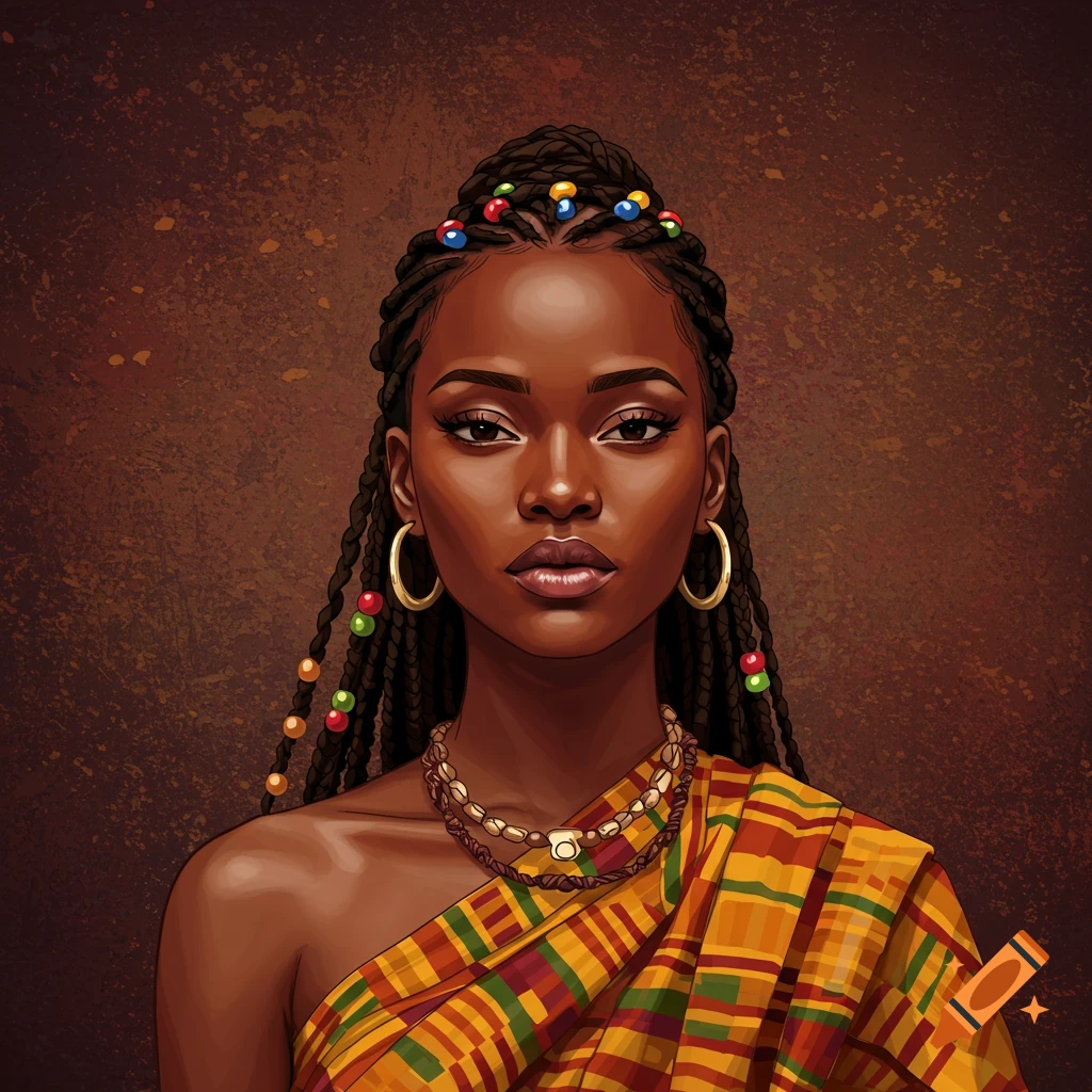 Digital painting of a Black woman in traditional African attire with braids
