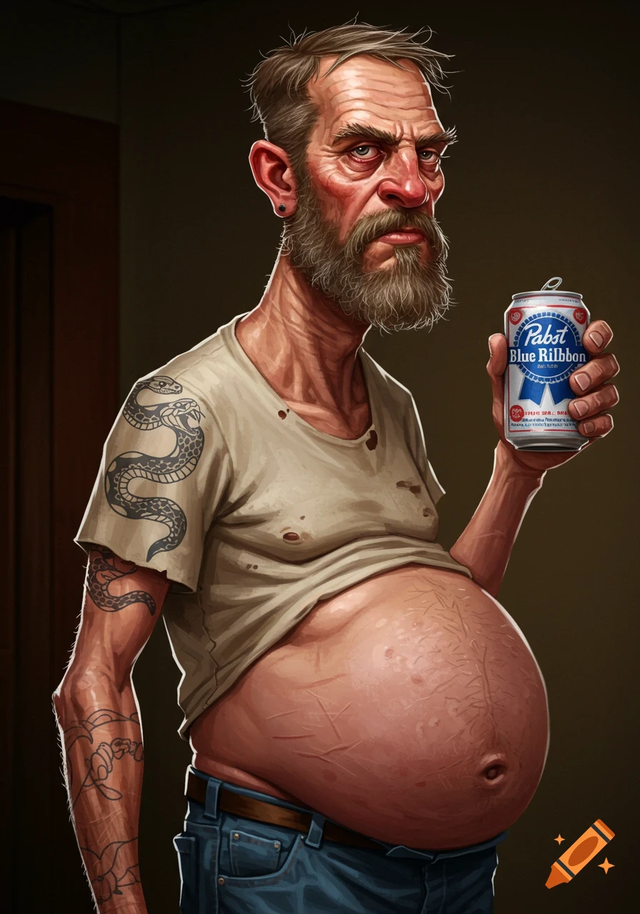 Caricature of a dishevelled man with a beer gut holding a can of Pabst Blue Ribbon.