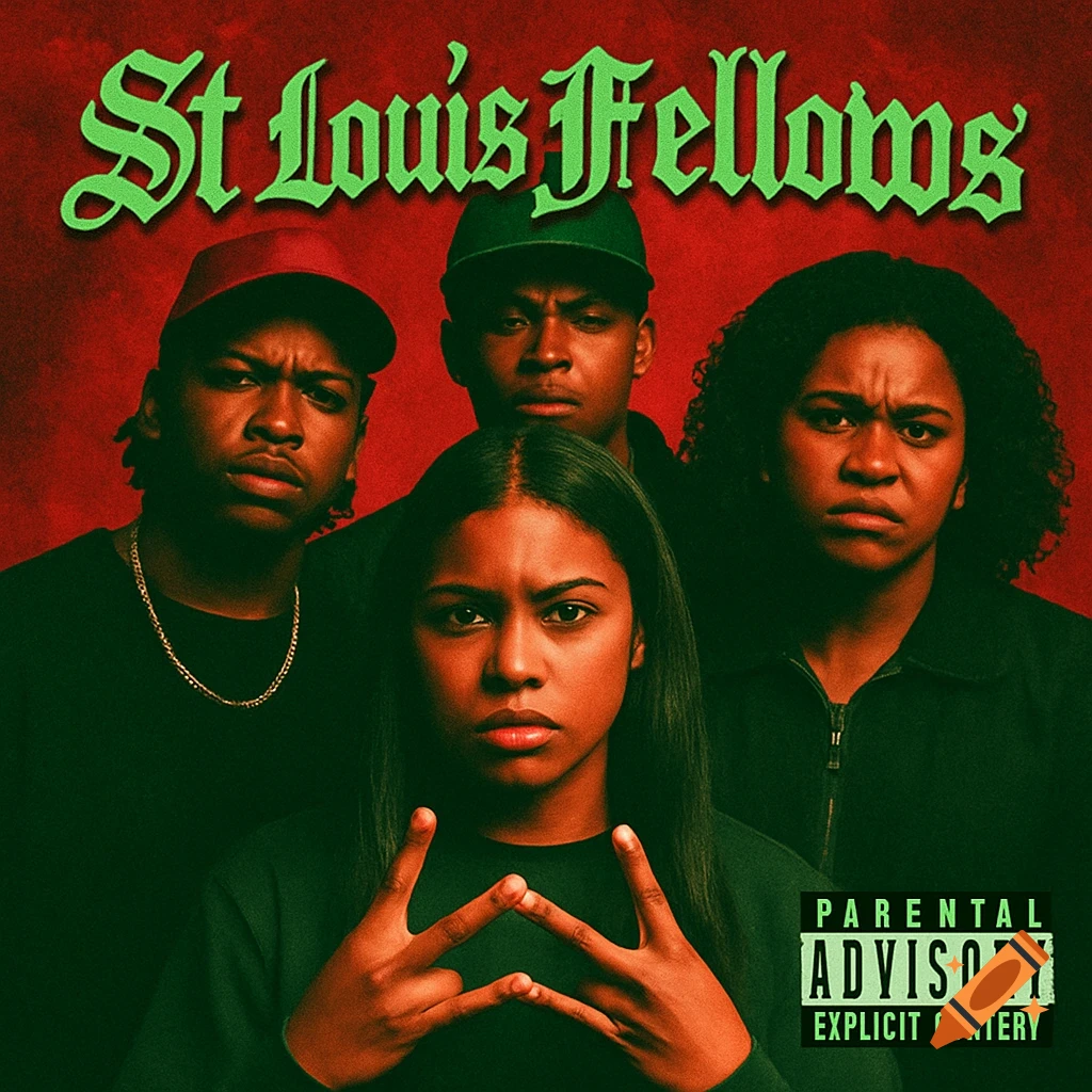 Four young people pose intensely on a red background, styled like a hip hop album cover with green text 'St Louis Fellows'.