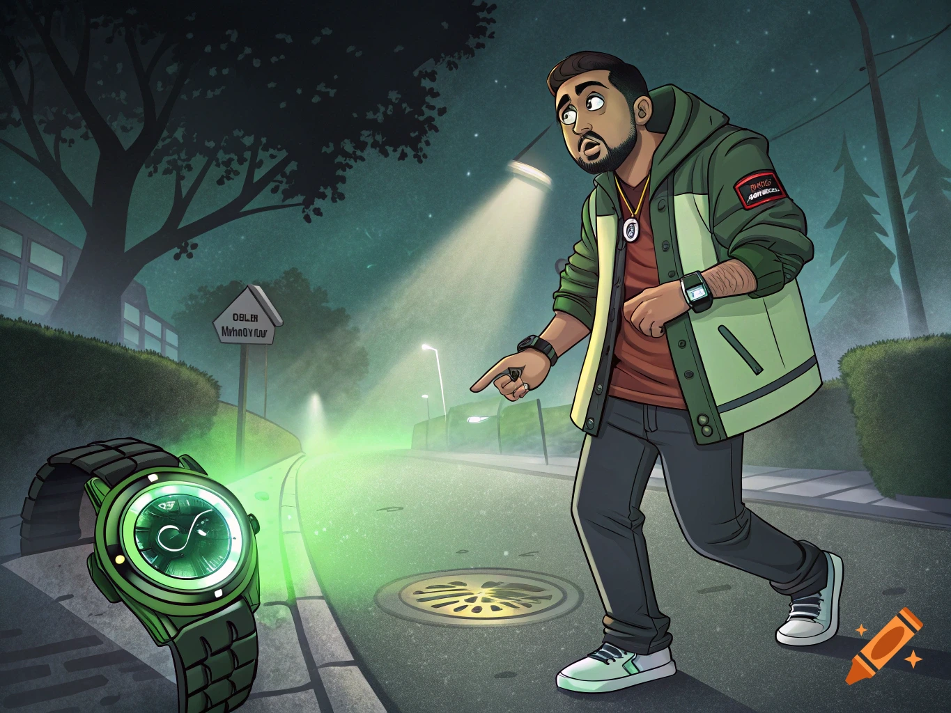 Cartoon illustration of a person finding a glowing green watch on a dark street at night.