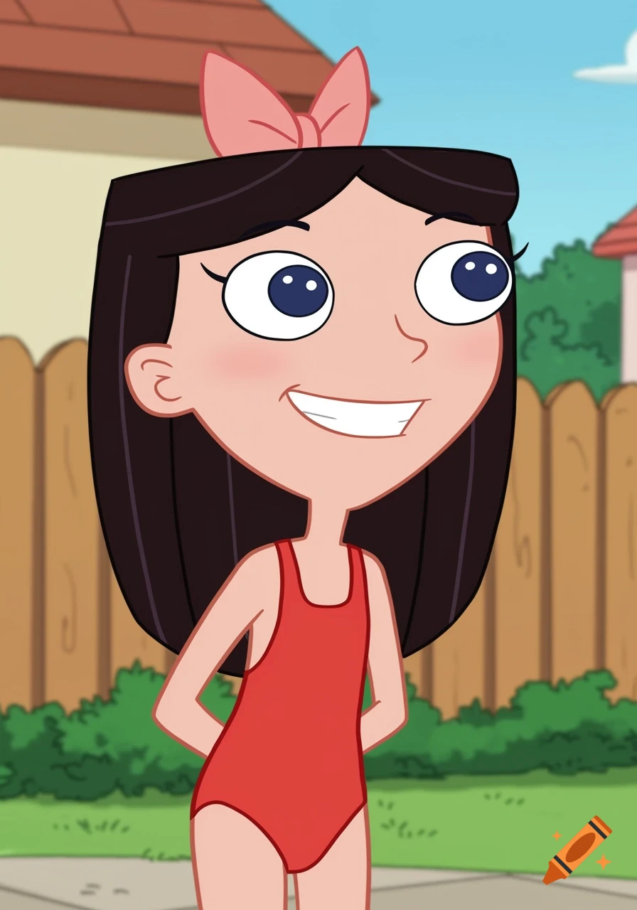 Cartoon girl with dark hair and pink bow wearing a red swimsuit, smiling in a backyard.
