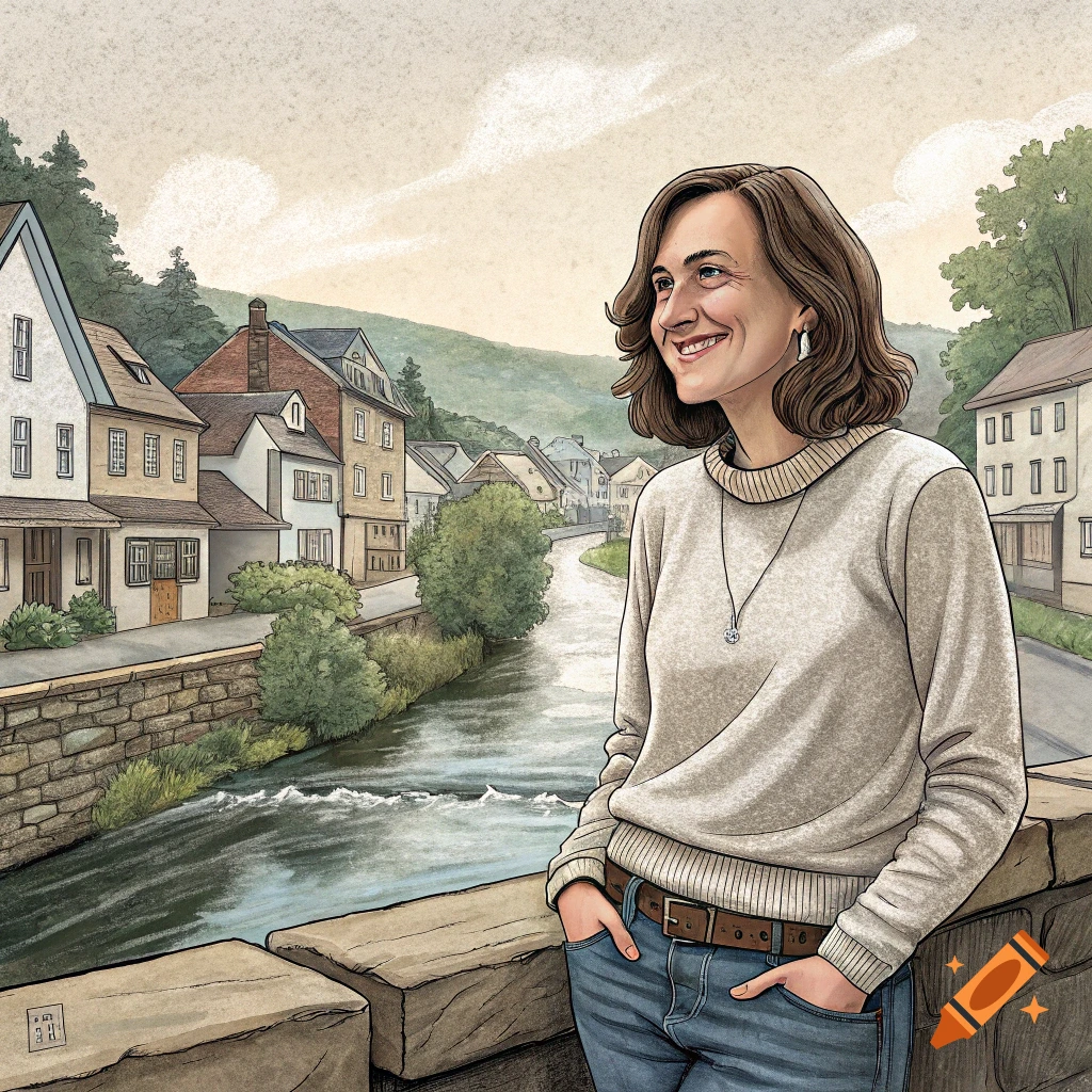 A woman stands by a river in a town, looking right and smiling, in a watercolor drawing style.
