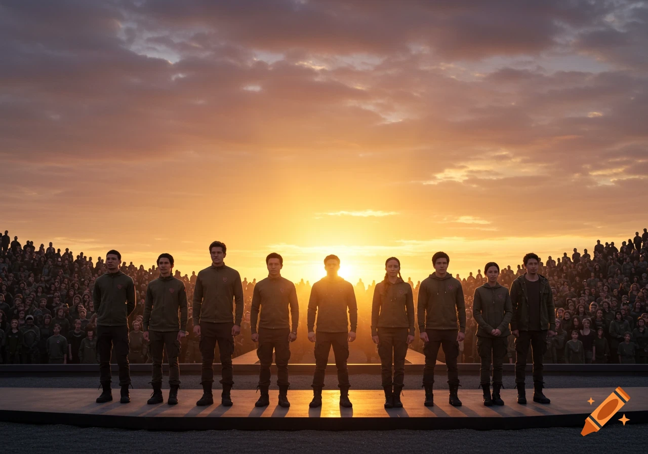 A group of people stand before a large crowd on a platform at sunrise, photorealistic.