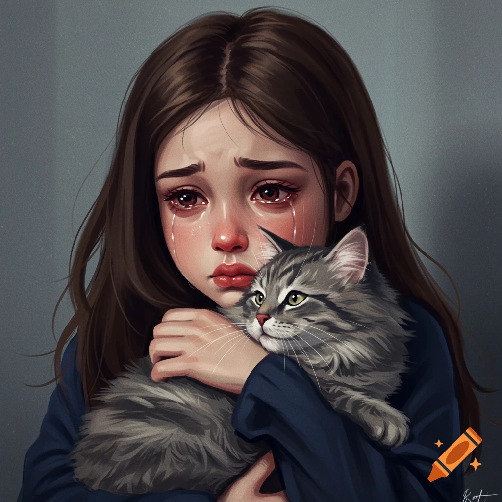 Illustration of a crying girl holding a grey cat