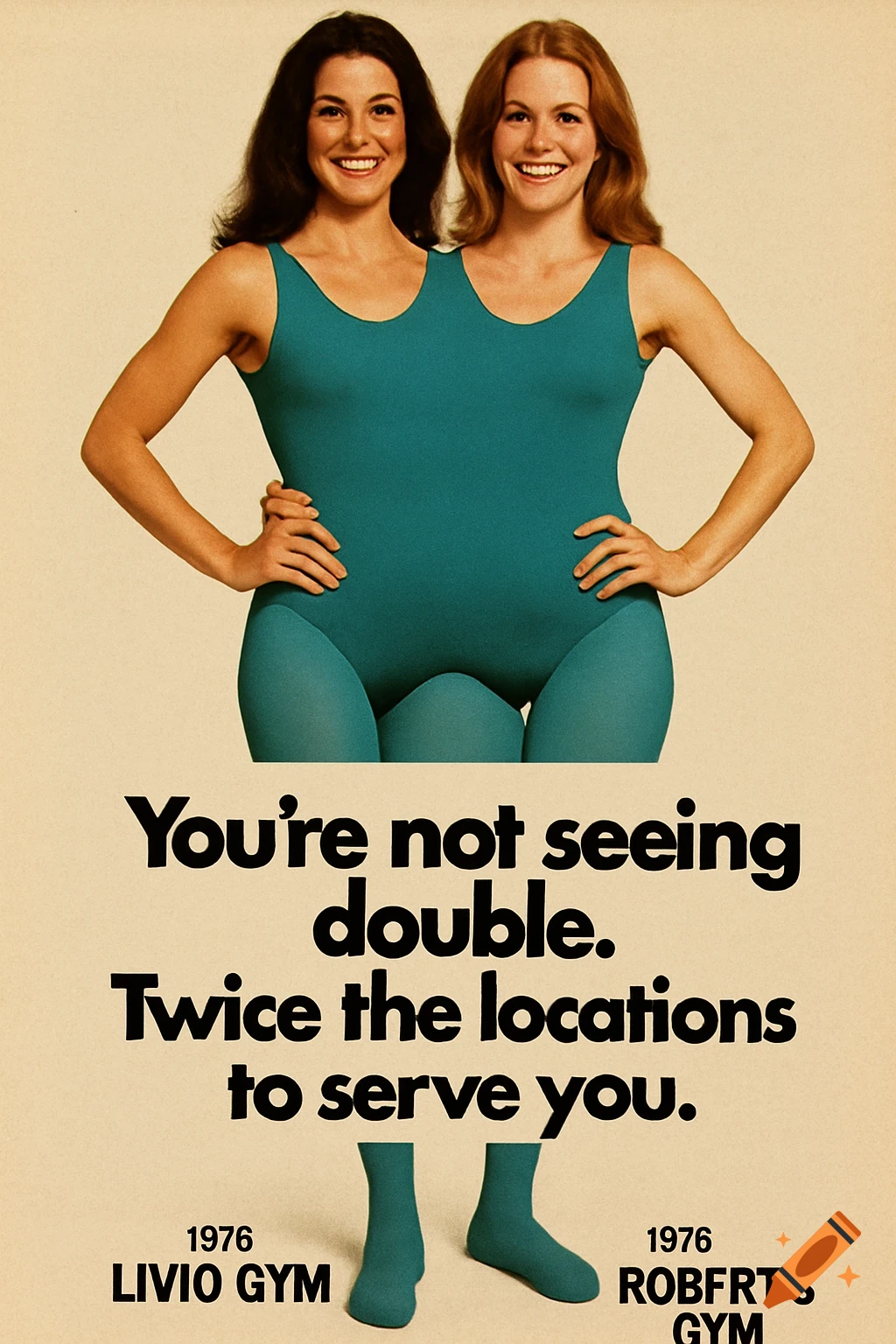 Vintage ad poster shows two smiling women merged into one body, creating a two-headed illusion.