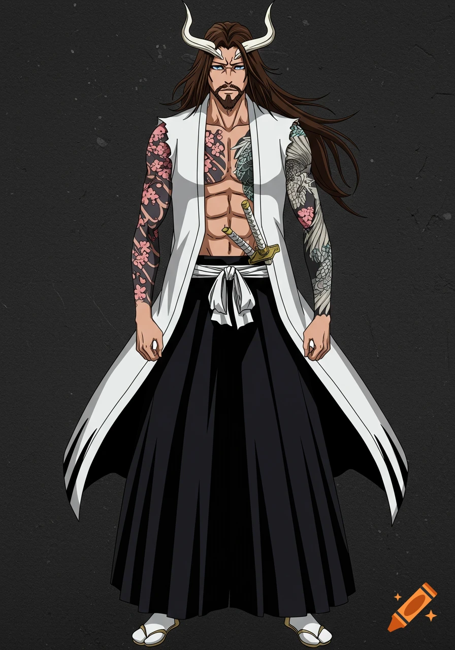 Anime man with horns, long brown hair, and tattoos wearing white and black Japanese clothing, holding a sword.
