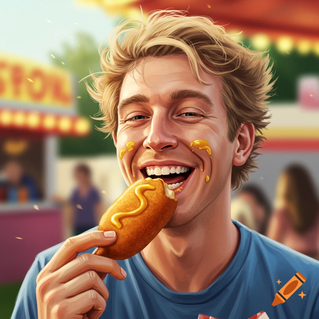 Smiling man eating a corn dog with mustard at a sunny outdoor fair, illustration style.