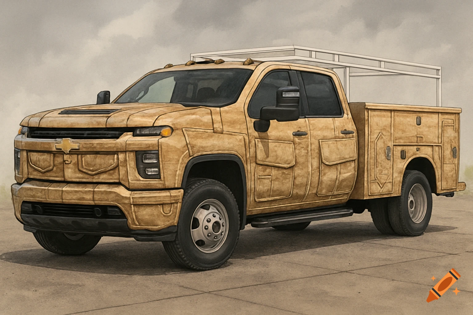 Illustration of a brown Chevrolet Silverado truck with a utility body and cargo shorts wrap.