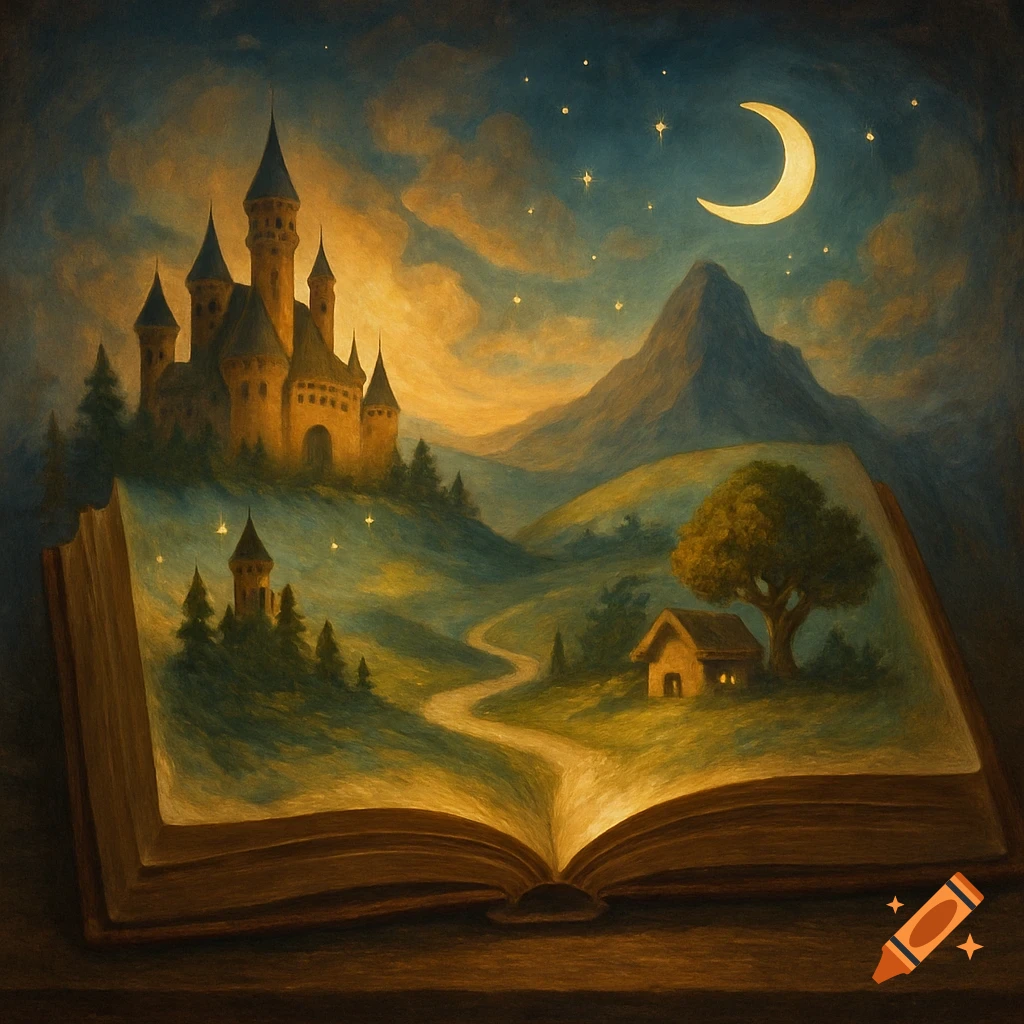 An open book reveals a fantasy landscape with a castle, mountains, cottage, path, moon, and stars in a painterly style.