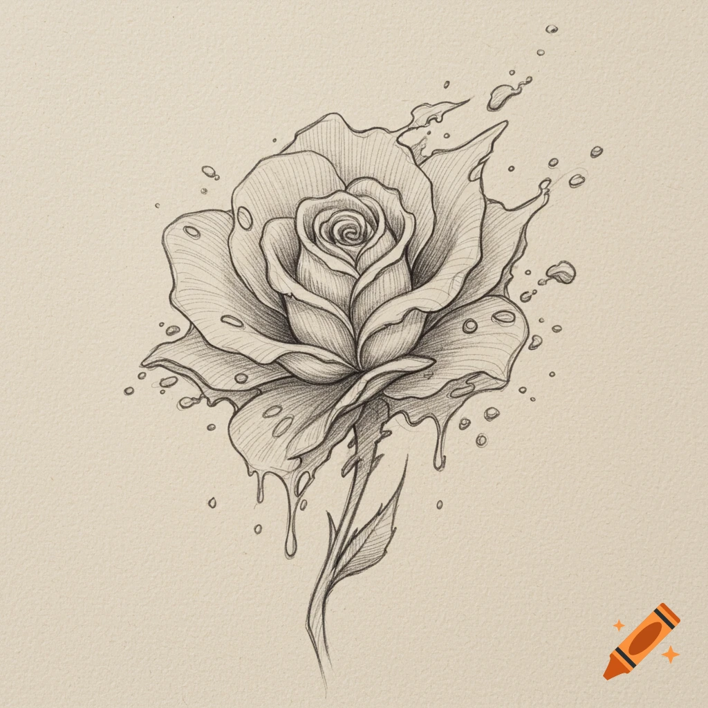 Pencil sketch of a rose with dripping liquid on a textured background