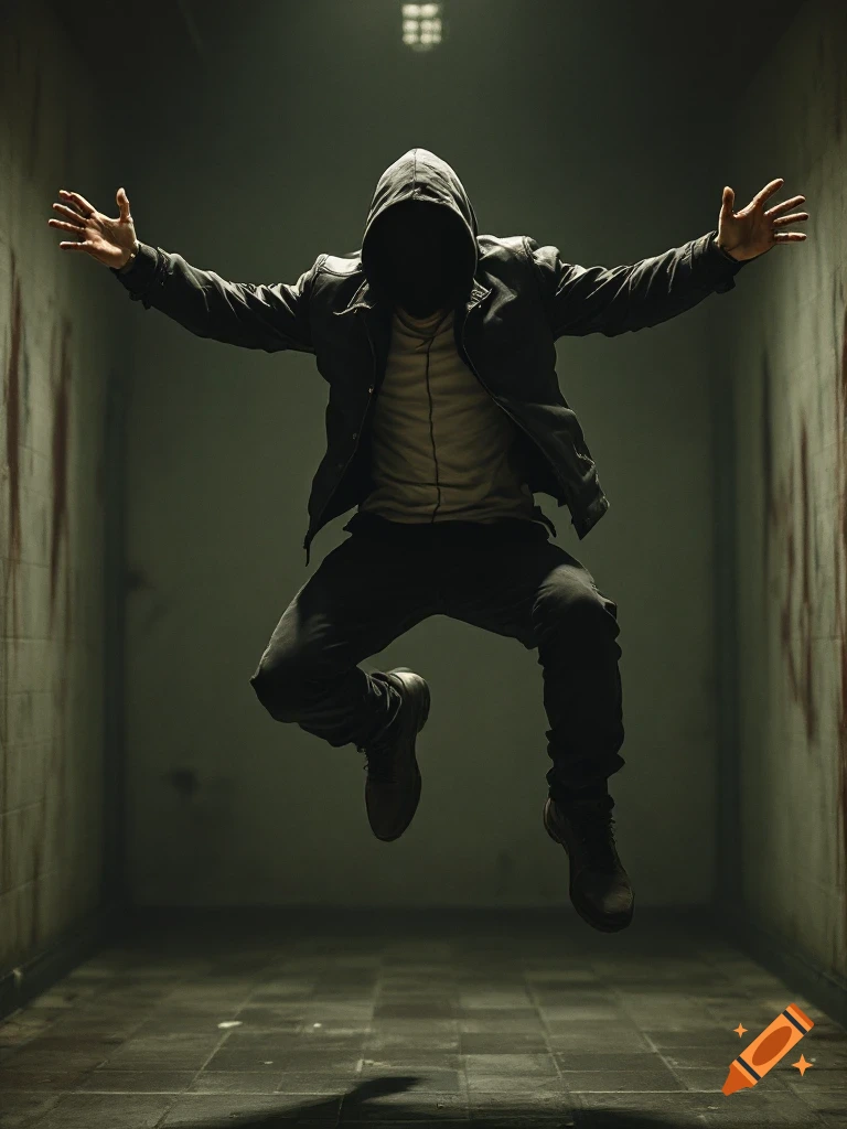 A hooded figure leaps mid-air in a dark, claustrophobic hallway with arms outstretched.