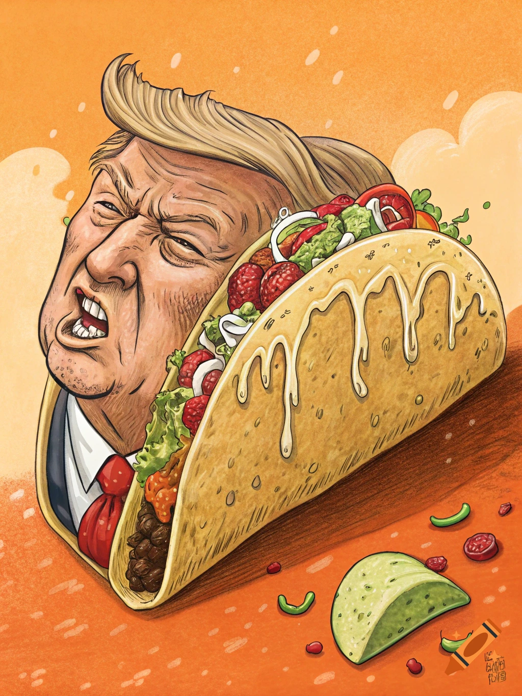 Cartoon illustration of Donald Trump's head squeezed into a taco, looking angry.
