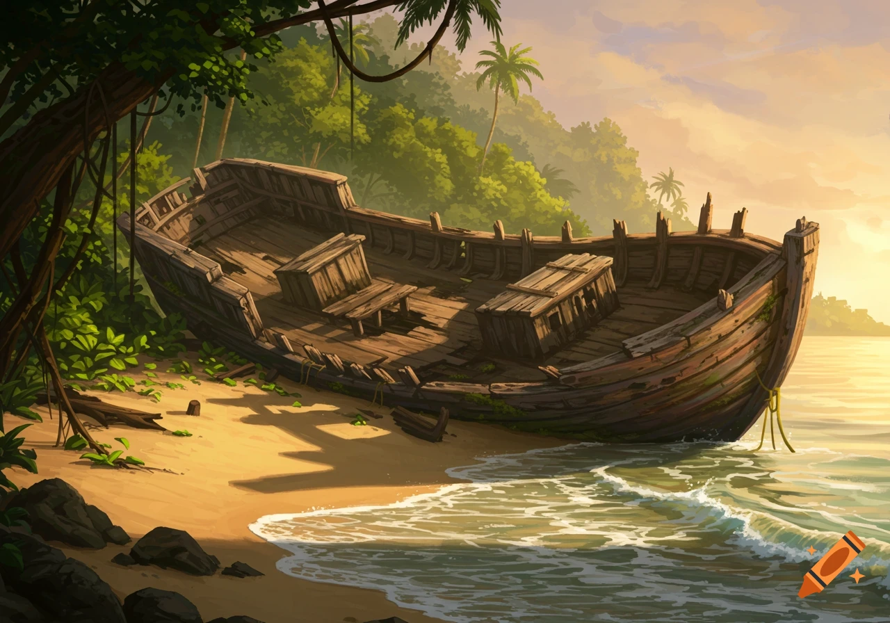 A dilapidated wooden shipwreck rests on a sandy tropical beach next to a lush jungle, with gentle waves approaching the shore.