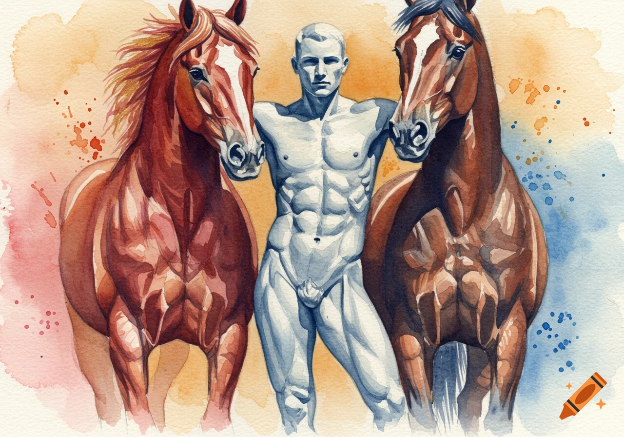 Watercolor painting of a muscular male figure standing between two horses.