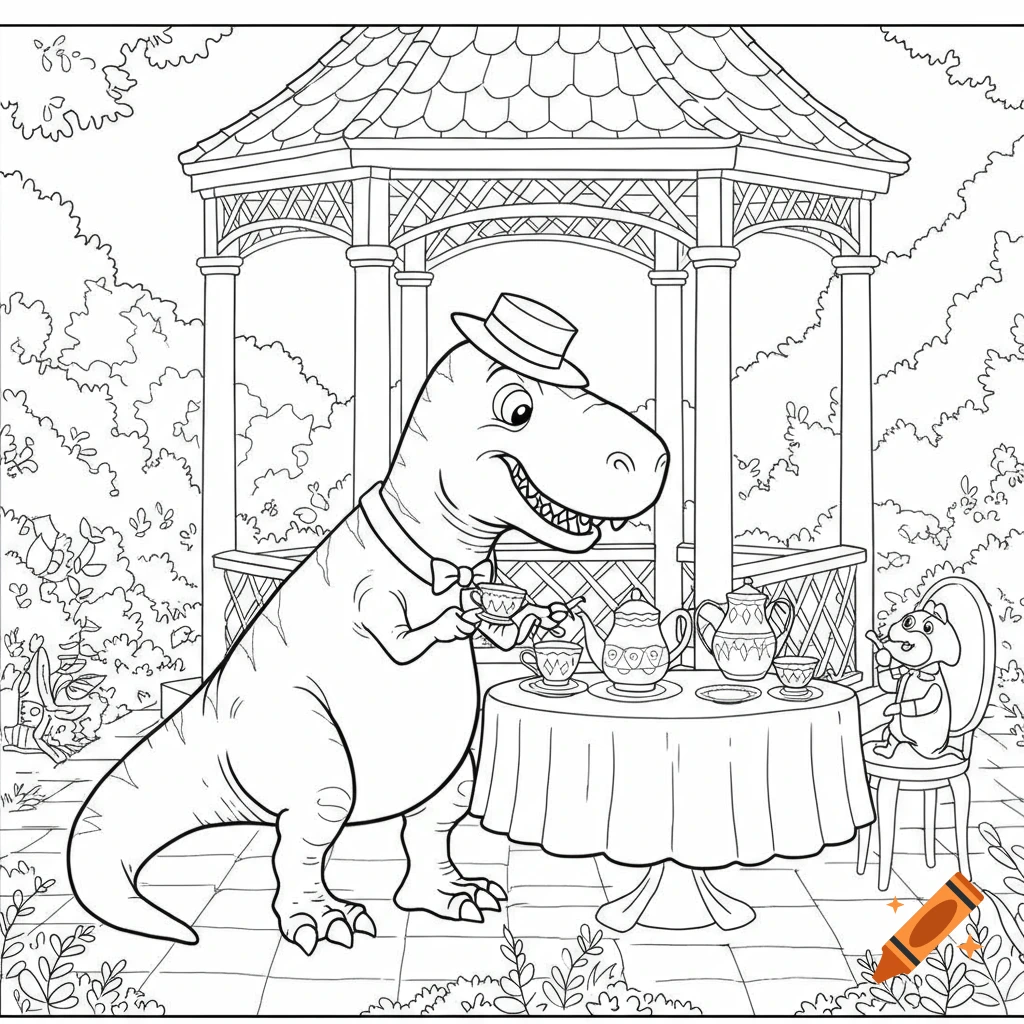 Black and white coloring page of a T-Rex and a mouse having a tea party under a gazebo.