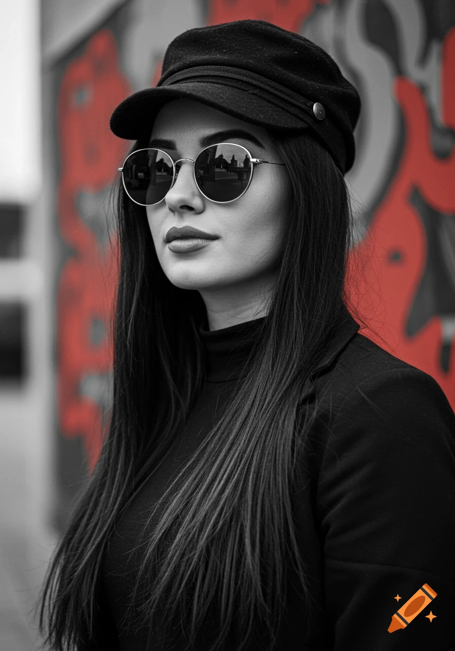 Black and white portrait of a woman wearing a cap and sunglasses, with a red abstract background.