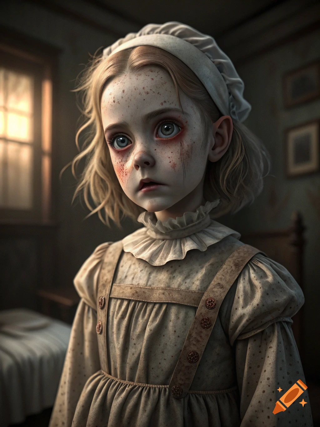 Close-up of a creepy, doll-like girl with large eyes and marks on her face, wearing an old-fashioned dress.