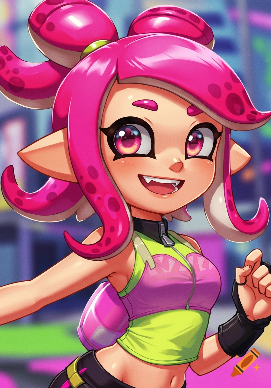 Close-up anime illustration of a female character with pink octopus hair and a sports top, smiling.