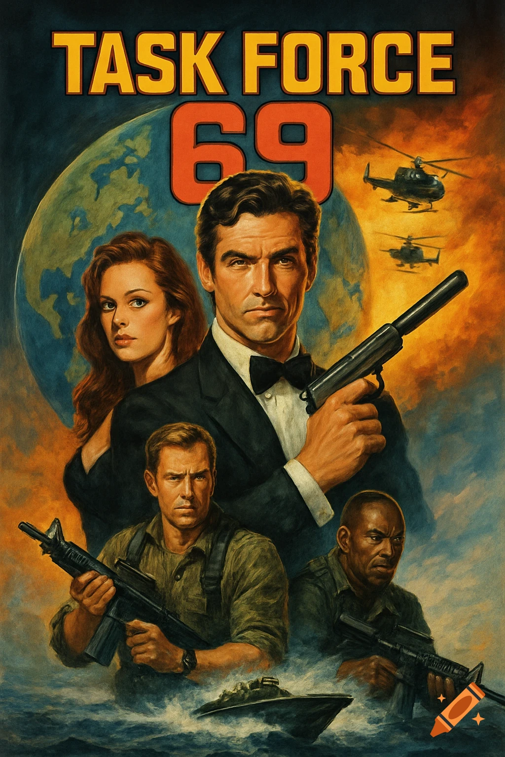 Painted movie poster collage of action heroes with globe, helicopters, boat, and title TASK FORCE 69.