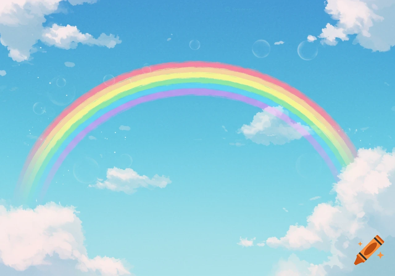A rainbow arches across a blue sky with white clouds and bubbles.