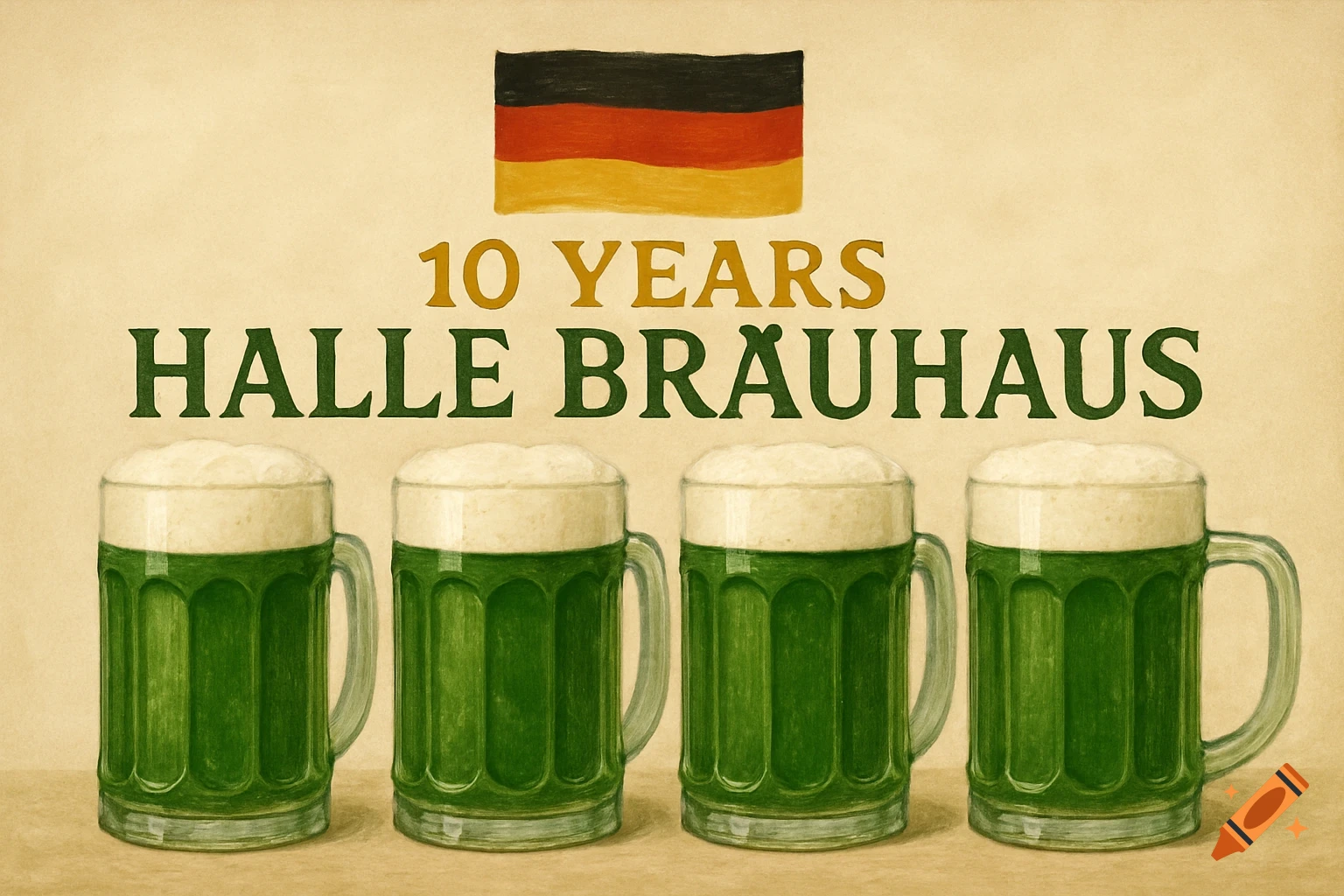 Illustration of four green beer mugs under a German flag with the text '10 YEARS HALLE BRAUHAUS'.