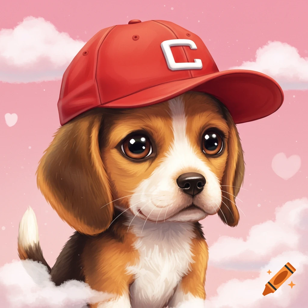 Cute illustration of a beagle puppy wearing a red baseball cap on a pink sky background with clouds and hearts.
