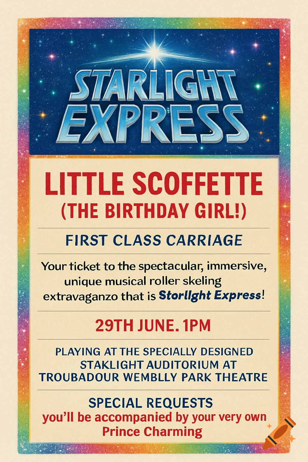 A bright, glittery ticket for Starlight Express, featuring text details for a specific event.