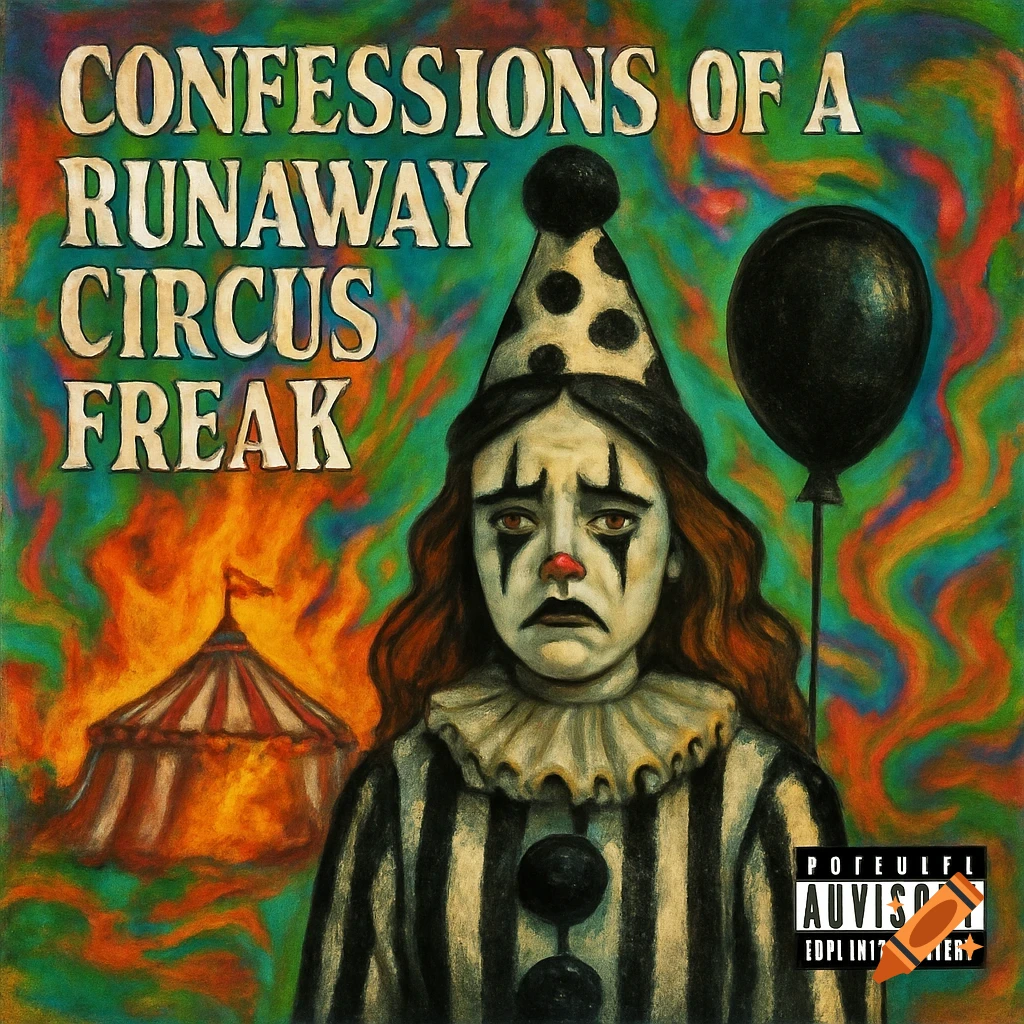 A painting of a sad clown girl holding a black balloon in front of a burning circus tent with a swirling, colorful background. Text reads "Confessions of a Runaway Circus Freak".