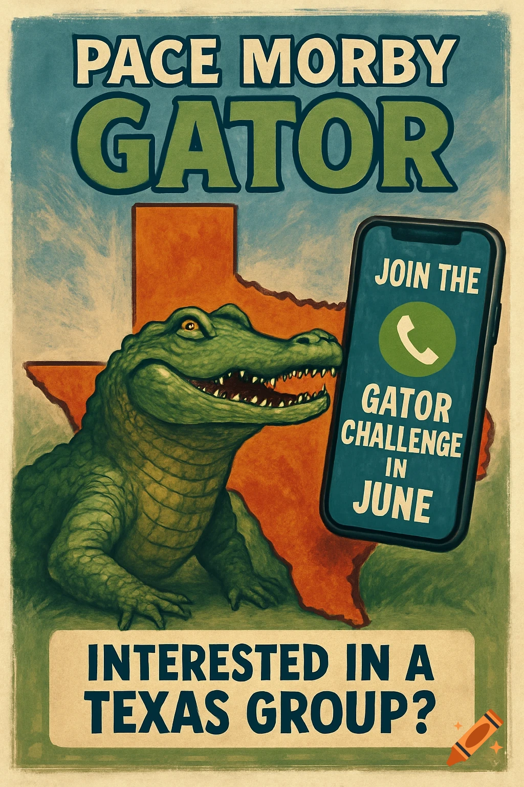 Poster of a green alligator in front of a Texas map next to a phone with call-to-action text.