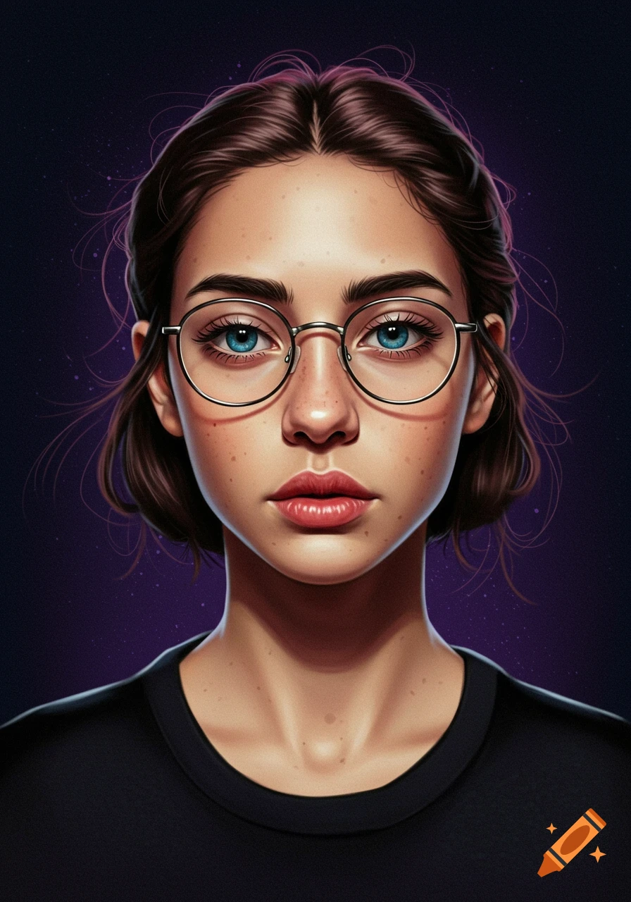Digital painting of a young woman with glasses and blue eyes against a purple background.