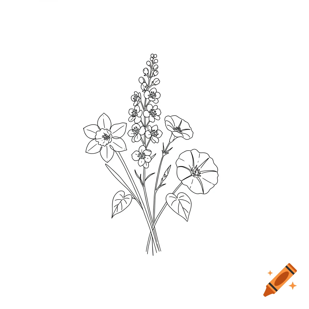 Fine line illustration of a bouquet of flowers including a daffodil, larkspur, and morning glories.