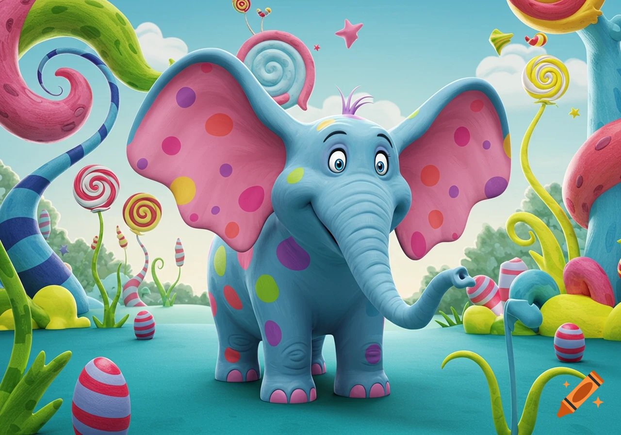 A blue elephant with pink polka-dot ears stands in a whimsical, candy-filled landscape in a cartoon style.